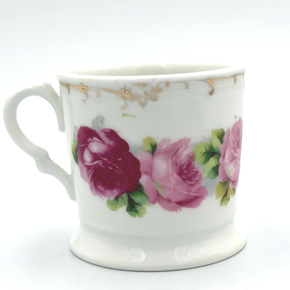 Antique J&C Bavaria Mignon Porcelain Coffee Mug Tea Cup Pink Roses Gold Gilt